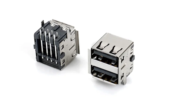 USB2.0 Dual stack Short Flanged Through hole L1.9 Ni plated LCP Black