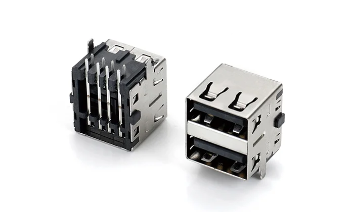 USB2.0 Dual stack Short No flange Through hole L1.9 Ni plated LCP Black