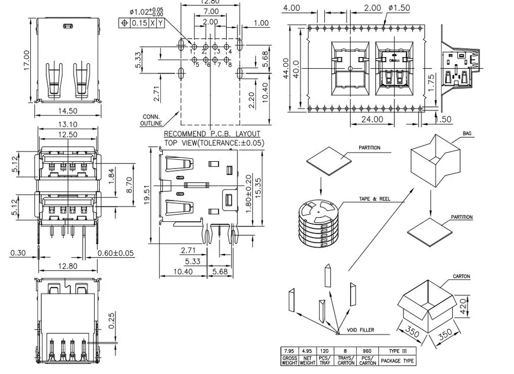 USB 2.0 Double-Layer 90 Degree 4-Pin Connector – C023546 drawing