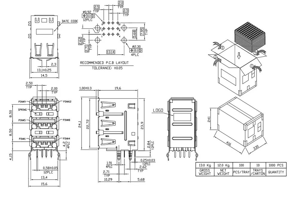 USB 2.0 Triple-Layer 90 Degree Angled-Pin Connector – C023680 drawing