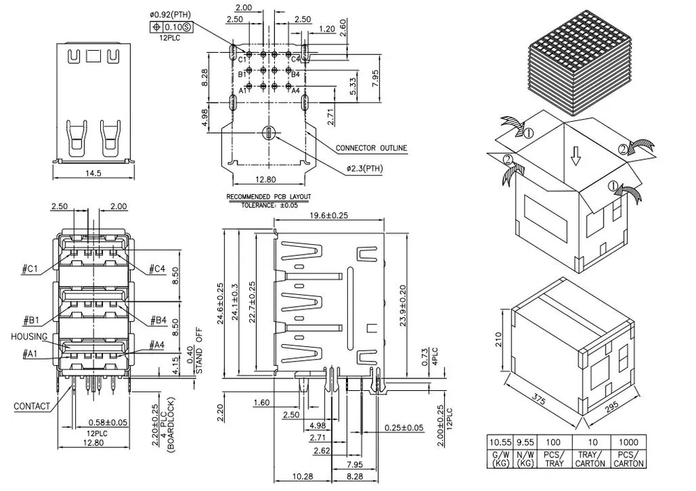 USB 2.0 Triple-Layer 90 Degree Forked-Pin Connector – C040227 drawing