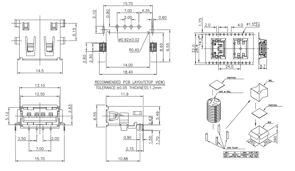 Reverse-Mount USB 2.0 Single-Layer 90 Degree Connector – C023552 drawing