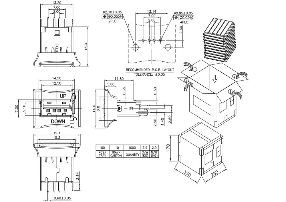 USB 2.0 Single-Layer 180 Degree Locking Connector – C040141 drawing