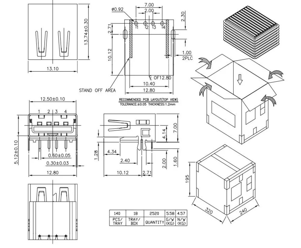 Board-Mount USB 2.0 Single-Layer 90 Degree Connector – C040212 drawing