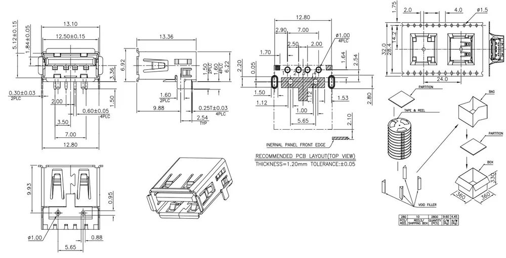 USB 2.0 Single-Layer 90 Degree Forward Connector – C023553 drawing