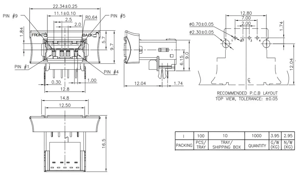 USB 2.0 Single-Layer 90 Degree Forked-Pin Connector – C071188 drawing