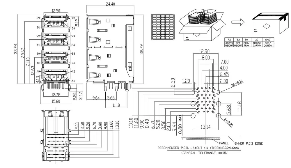 4-Port USB 3.0 Type-A Connector – C071070 drawing