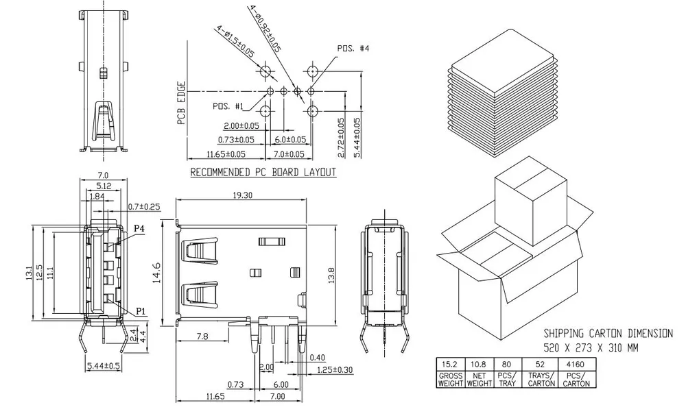 Side-Mount USB 2.0 90 Degree Bent-Pin Connector – C071171 drawing