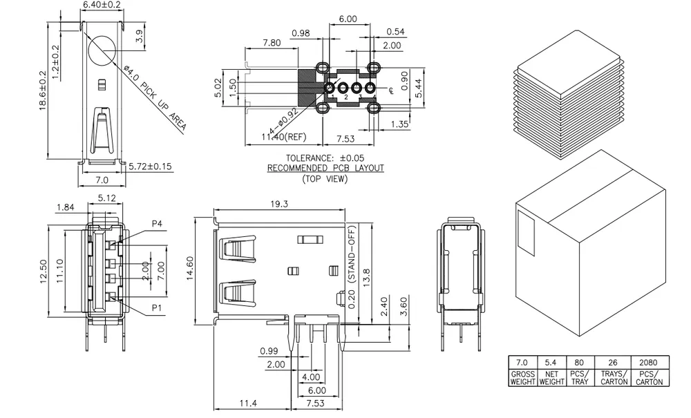 Side-Mount USB 2.0 90 Degree Straight-Pin Connector – C071121 drawing