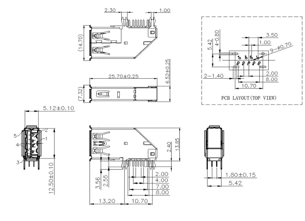 Reverse USB 3.1 Side-Mount Forked-Pin Connector – L000601 drawing