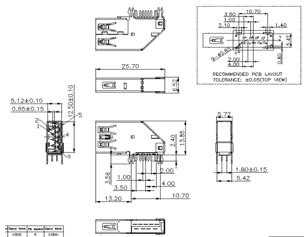 Forward USB 3.1 Side-Mount Forked-Pin Connector – L000546 drawing
