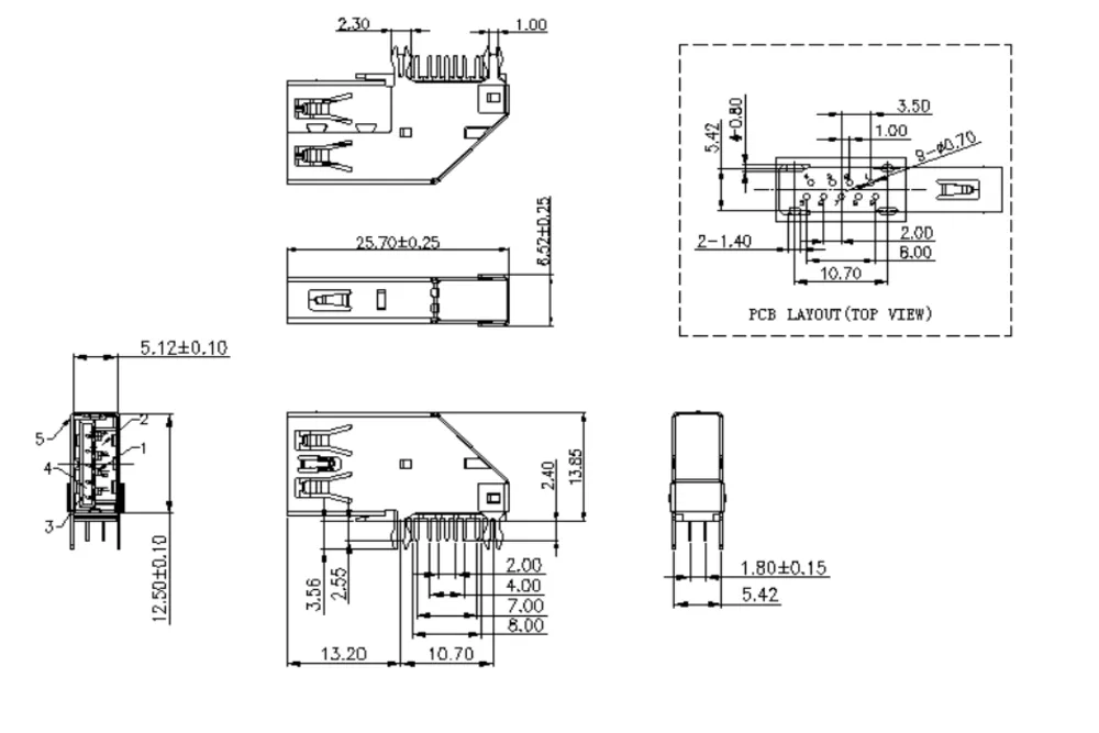 Reverse USB 3.0 Side-Mount Forked-Pin Connector – C071323 drawing
