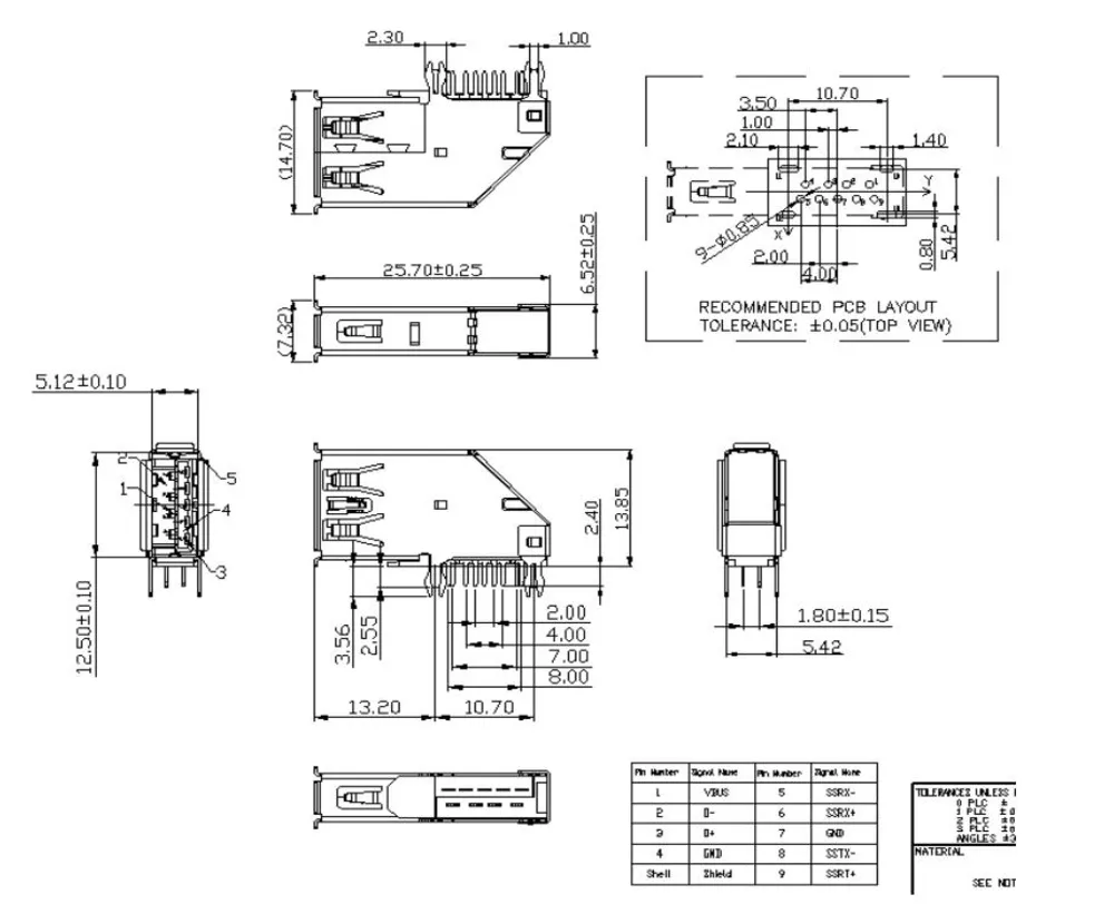 Forward USB 3.0 Side-Mount Forked-Pin Connector – C071329 drawing