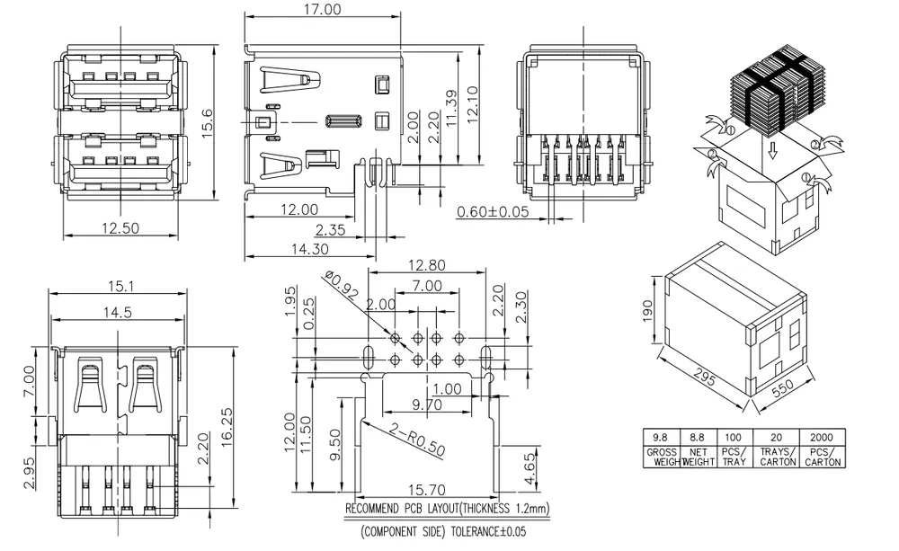 USB 3.0 Double-Layer 90 Degree Connector – C023069 drawing