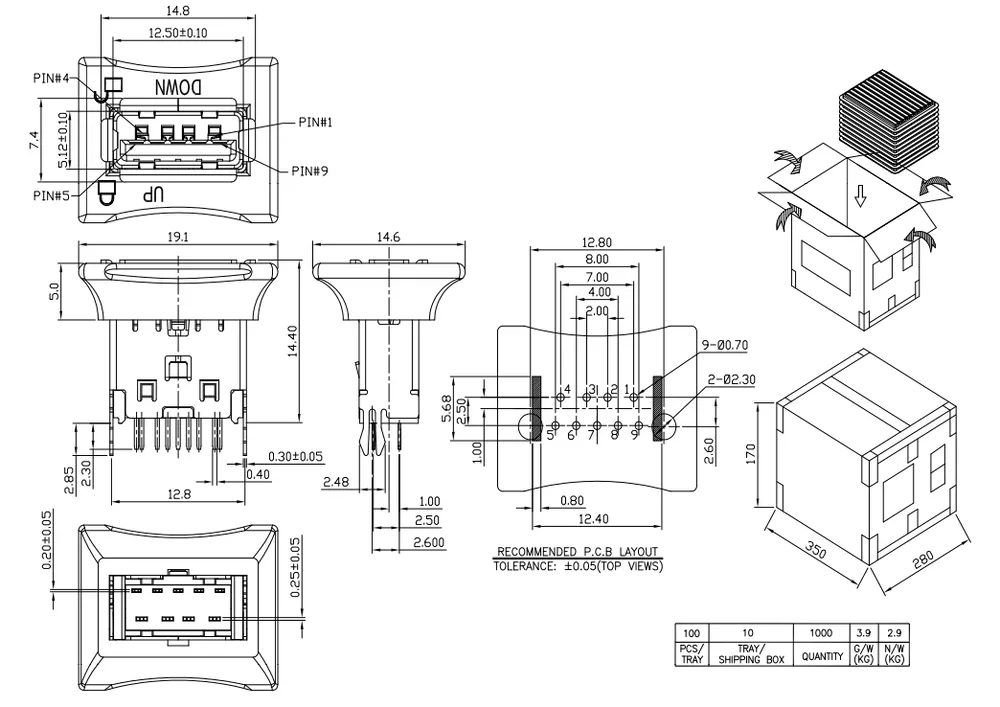 USB 3.0 Single-Layer 180 Degree Locking Connector – C071026 drawing