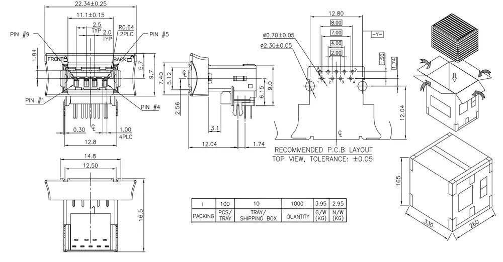 USB 3.0 Single-Layer 90 Degree Forked-Pin Connector – C071027 drawing
