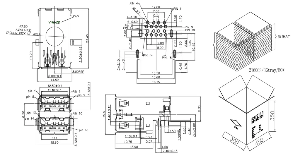 Reverse USB 3.1 Board-Mount 90 Degree Connector – C071169 drawing