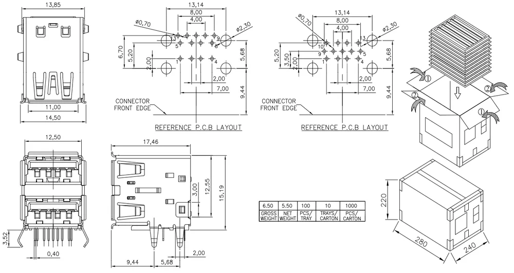 Dual-Color USB 3.0 Double-Layer Connector – C071031 drawing