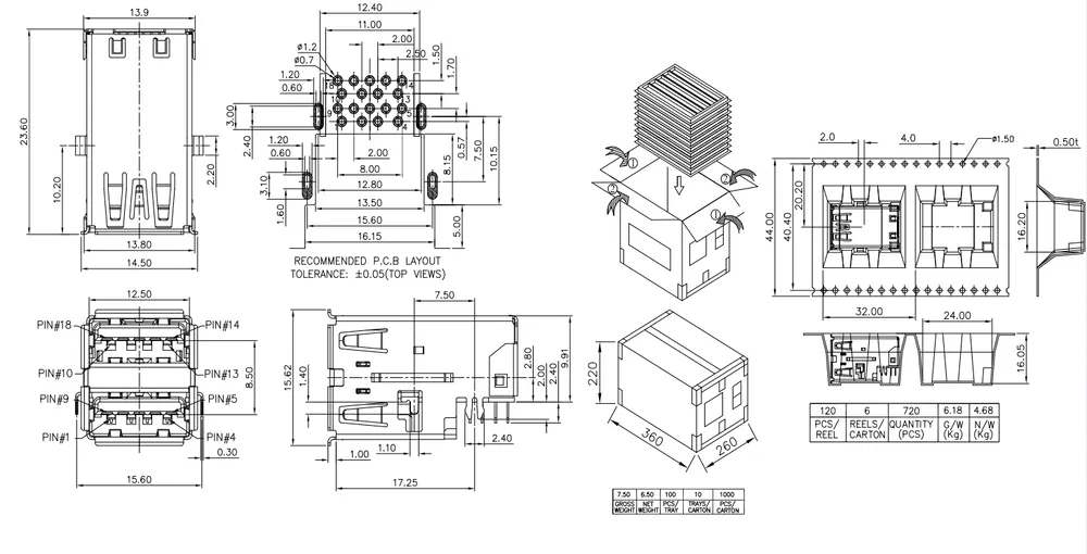 Board-Mount USB 3.0 Double-Layer 90 Degree Connector – C071141 drawing