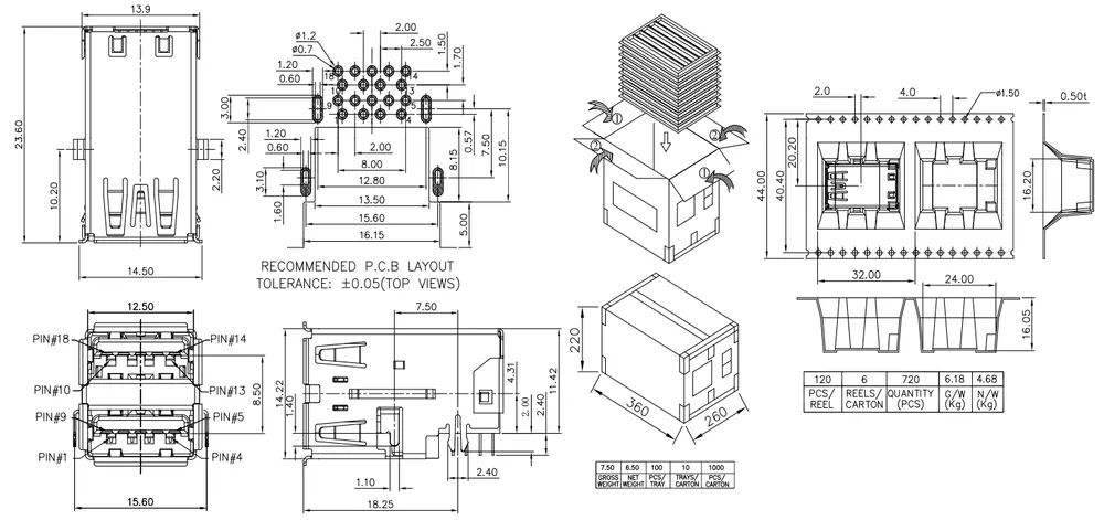 Deep-Mount USB 3.0 Double-Layer Connector – C071190 drawing