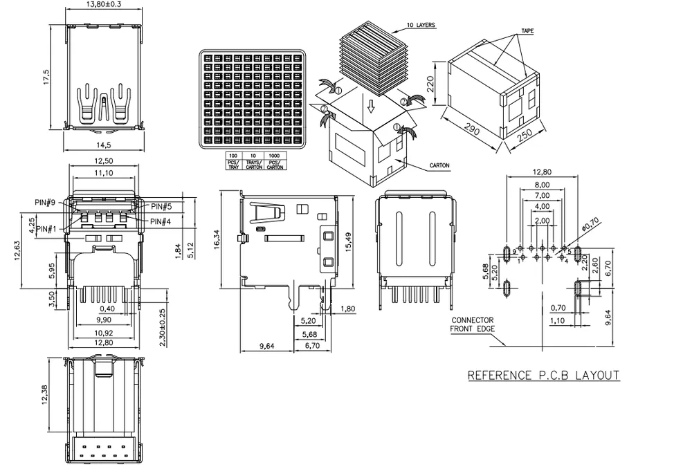 Stackable Type-C USB 3.1 Raised Single-Layer Connector – C071314 drawing
