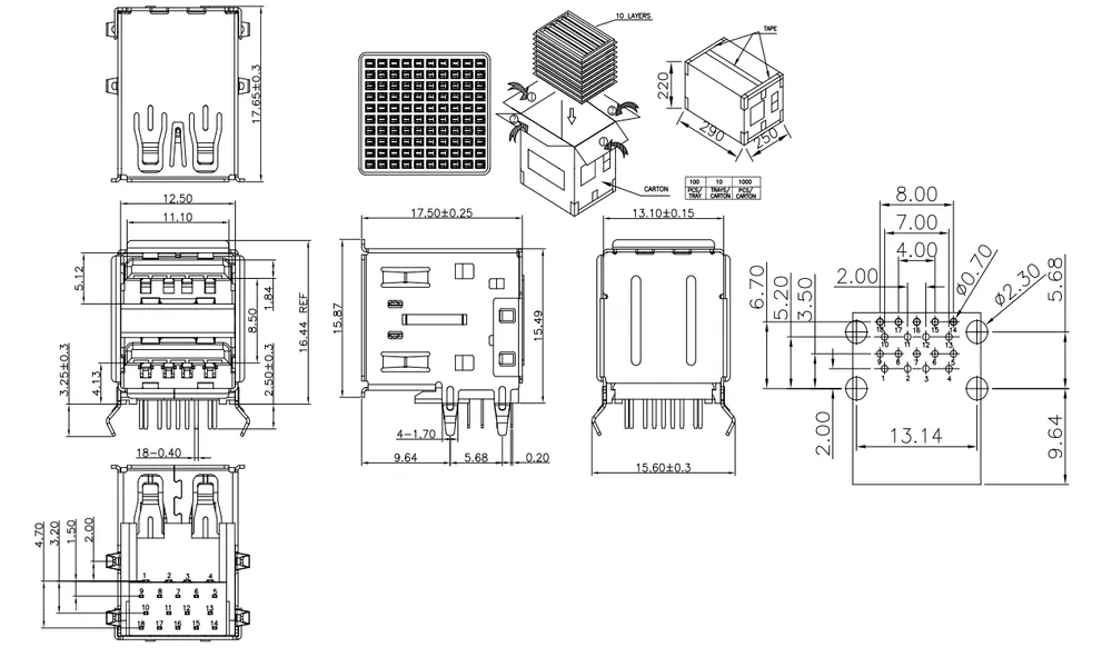 USB 3.1 Double-Layer Bent-Pin Connector – C071299 drawing