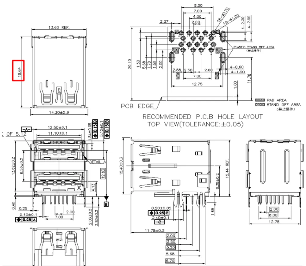 Extended USB 3.1 Double-Layer Forked-Pin Connector – L000693 drawing