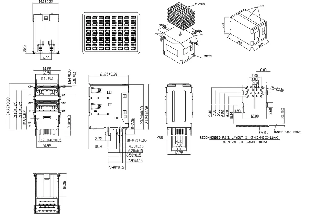 10Gbps USB 3.1 Raised Double-Layer Connector – C071365 drawing