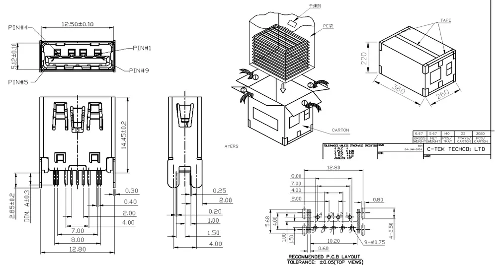 USB 3.1 Single-Layer 180 Degree Straight-Pin Connector – C071326 drawing