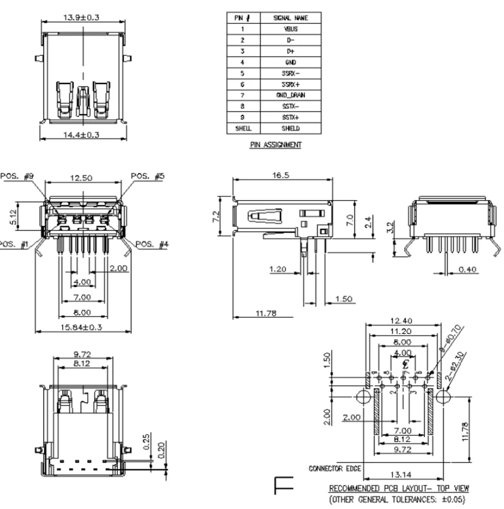 USB 3.1 Single-Layer 90 Degree Bent-Pin Connector – C071261 drawing
