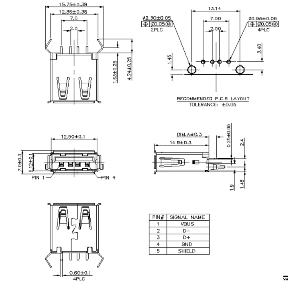USB 2.0 Single-Layer 180 Degree Bent-Pin Connector – C071246 drawing