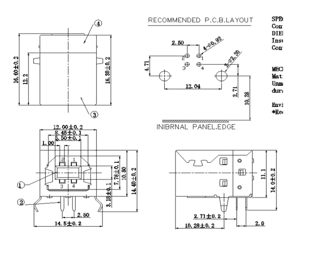 USB 2.0 Type-B 90 Degree Bent-Pin Female Connector – L000654 drawing