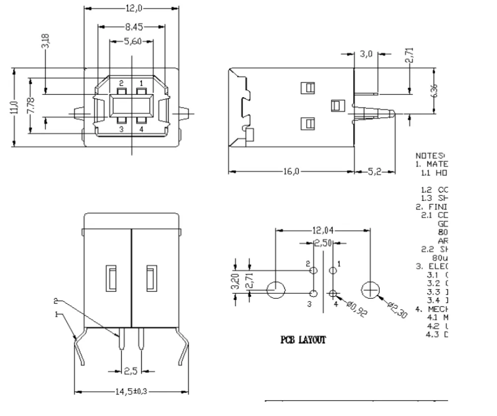USB 2.0 Type-B 180 Degree Bent-Pin Female Connector – C071199 drawing