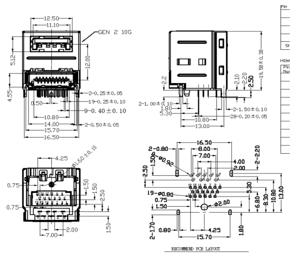 USB 3.1 Single-Layer + HDMI 2.1 Combo Connector – L000703 drawing
