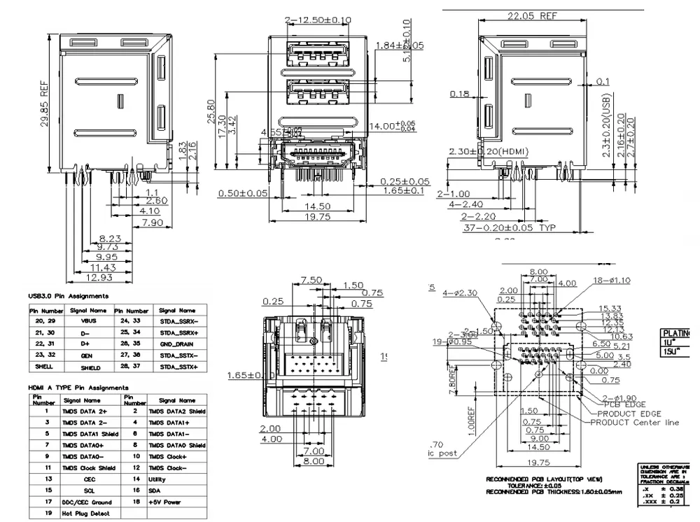USB 3.1 Double-Layer + HDMI 2.1 Combo Connector – L000797 drawing