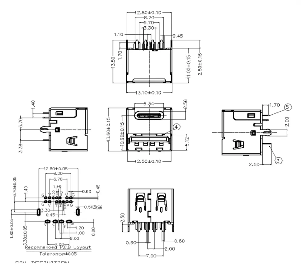 USB 2.0 + Type-C 14P 180 Degree Combo Connector – C076107 drawing