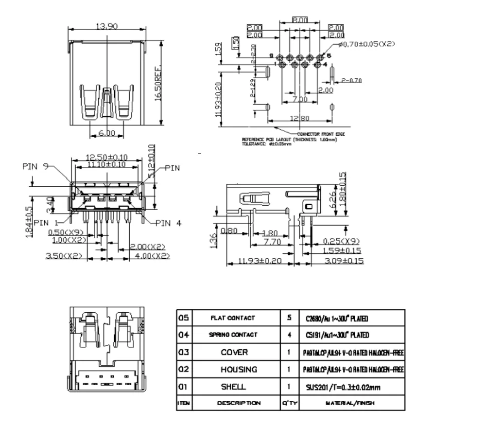 USB 3.0 Single-Layer 90 Degree Straight-Pin Connector – L000599 drawing