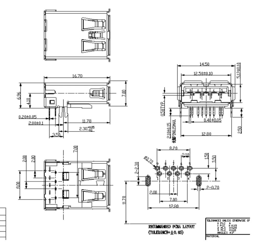 USB 3.0 Single-Layer 90 Degree Forked-Pin Connector – L000714 drawing