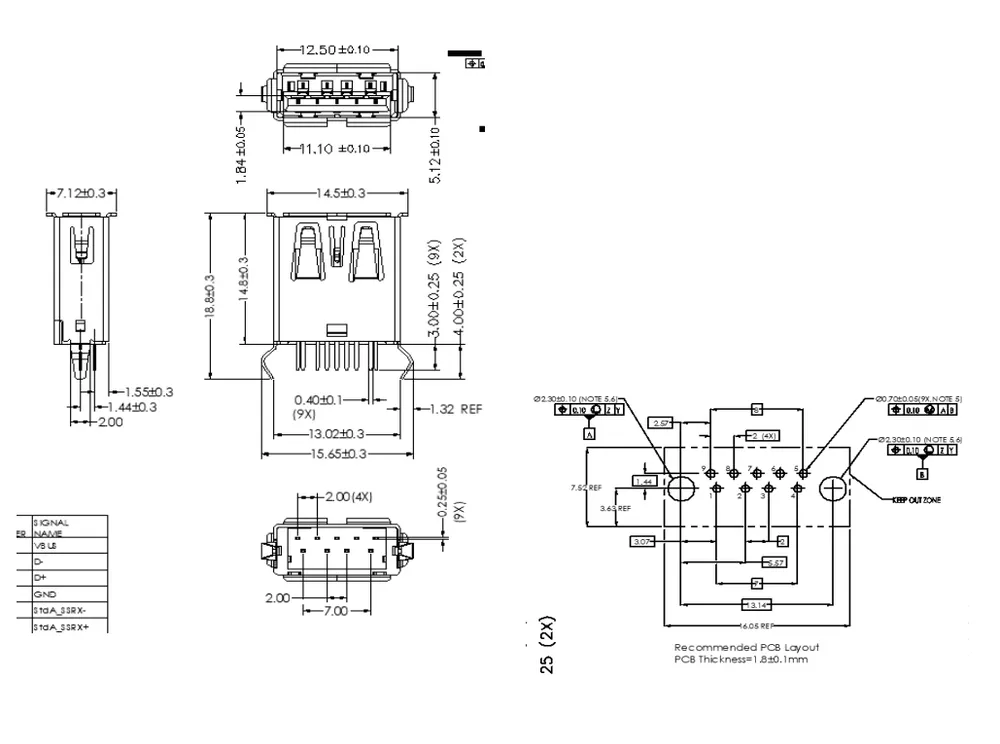 USB 3.0 Single-Layer 180 Degree Bent-Pin Connector – L000683 drawing