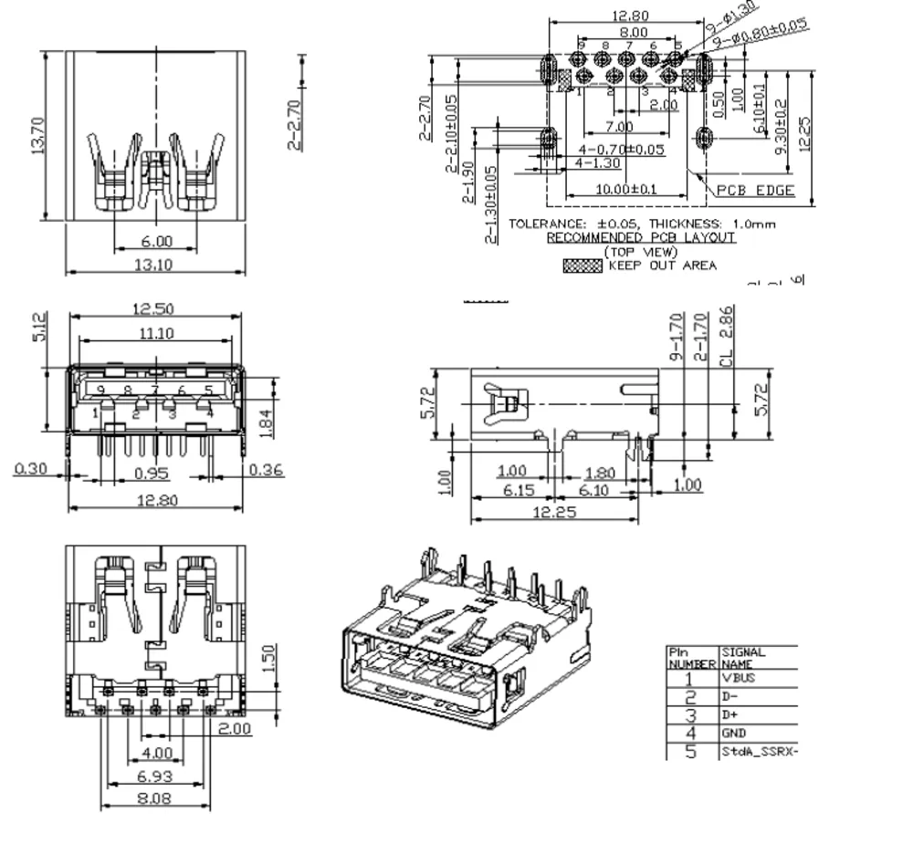 USB 3.0 Single-Layer 90 Degree Connector – L000723 drawing