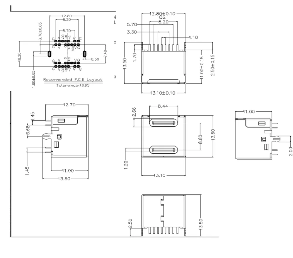 Dual Type-C 14P 180 Degree Combo Connector – L000009 drawing
