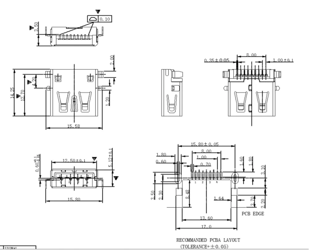 SMT USB 3.0 Single-Layer 90 Degree Board-Mount Connector – L000776 drawing