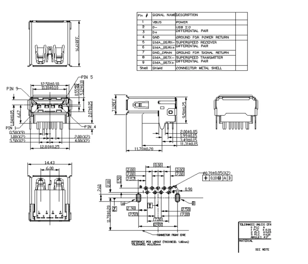 Raised USB 3.0 Single-Layer 90 Degree Connector – L000424 drawing
