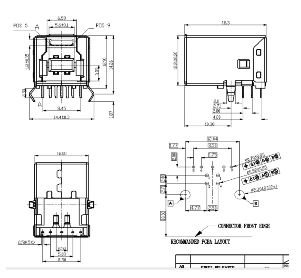 USB 3.0 Type-B Single-Layer 90 Degree Connector – L000428 drawing