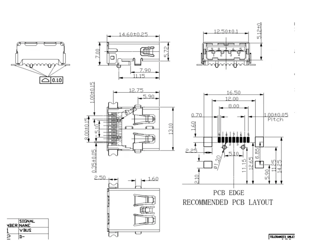 Full-SMT USB 3.0 Single-Layer Connector – C071375 drawing