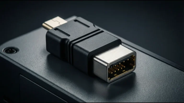 Industrial-grade USB-C connector with rugged metal housing on factory PLC panel