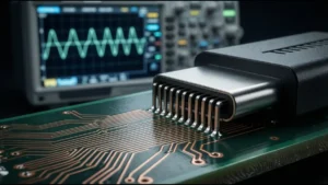 Close-up of USB-C contact pins with differential pair routing and oscilloscope