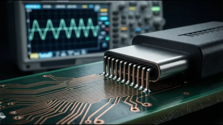 Close-up of USB-C contact pins with differential pair routing and oscilloscope