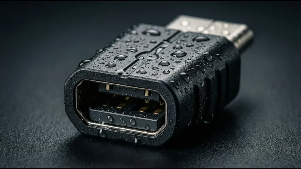 Waterproof USB-C connector with water droplets and O-ring sealing