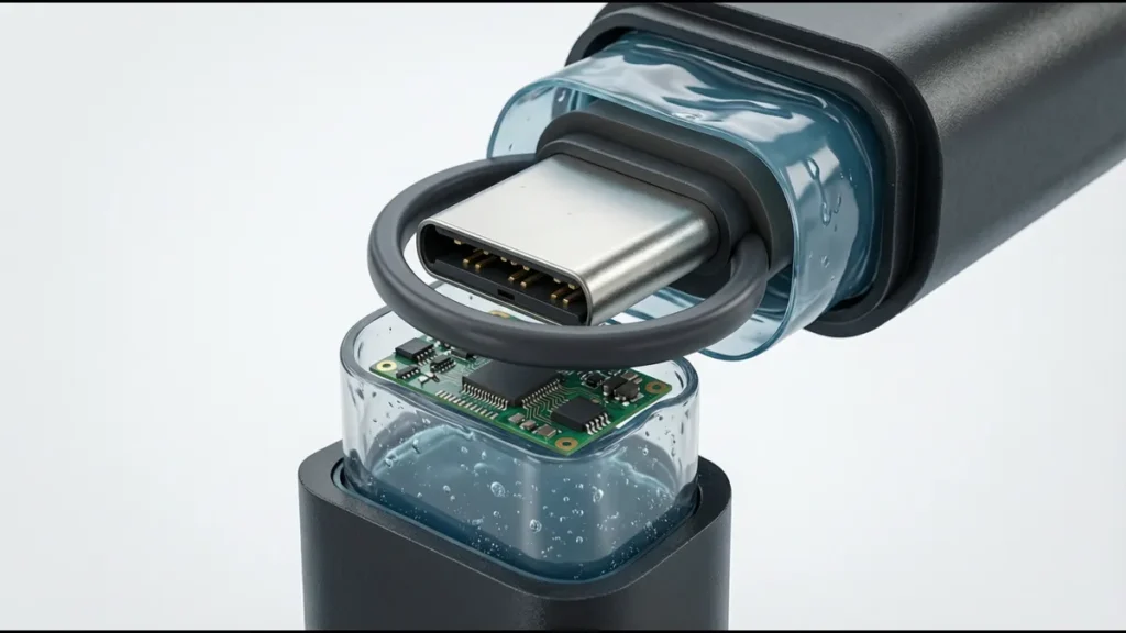 Cross-section of USB-C connector showing O-ring gasket and epoxy potting